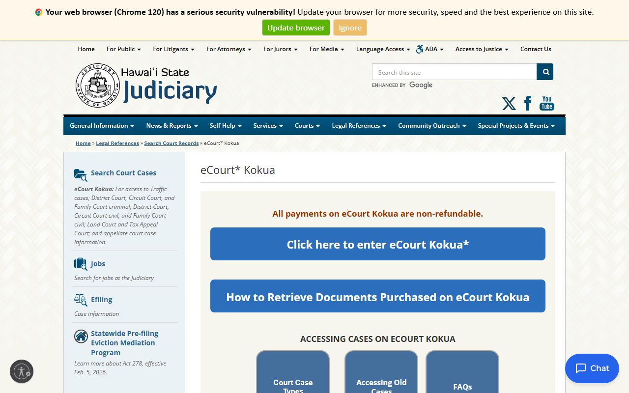 Hawaii criminal court records eCourt Kokua System Availability Guide
