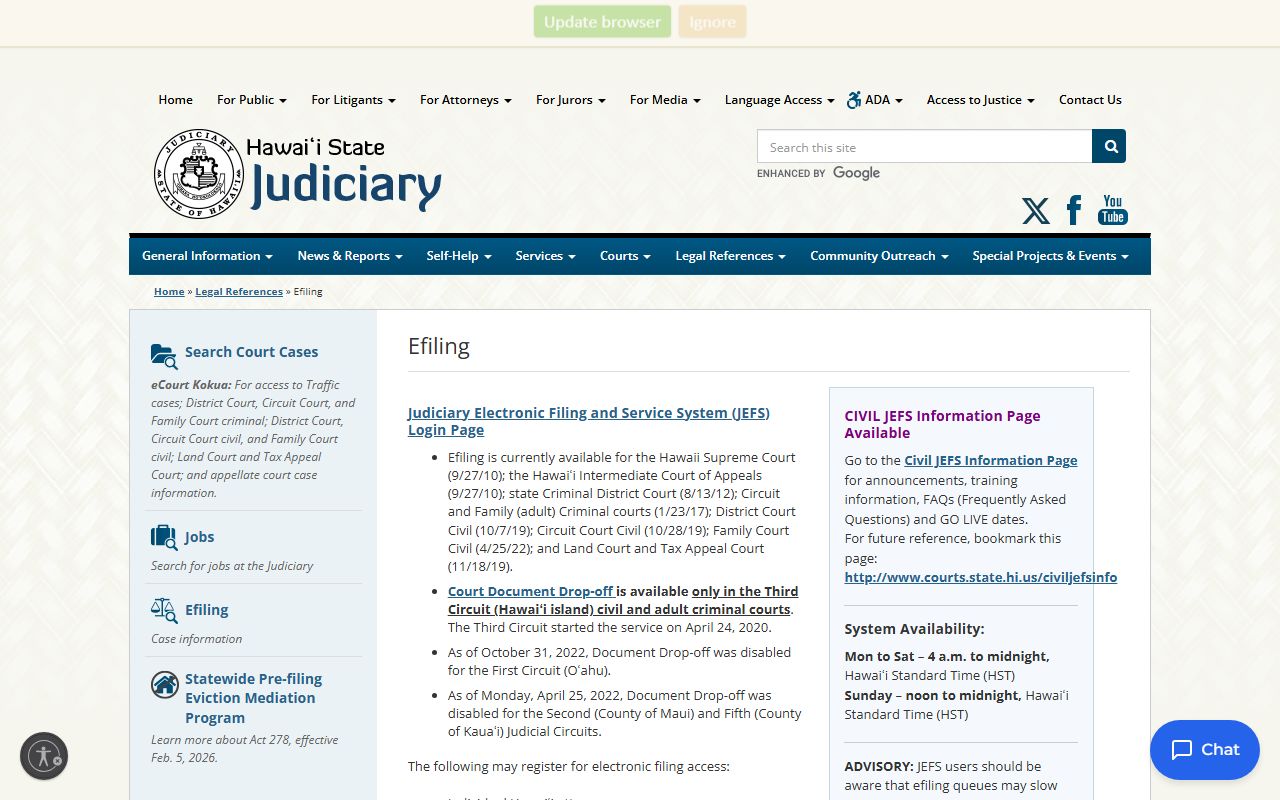 Hawaii criminal court records Hawaii eFiling Information JEFS System