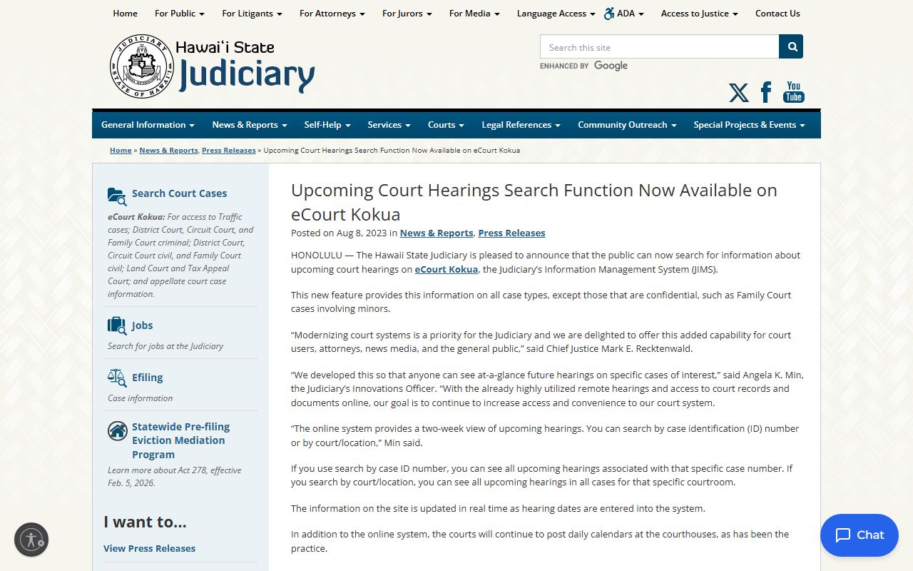 Hawaii criminal court records Upcoming Court Hearings Search Function